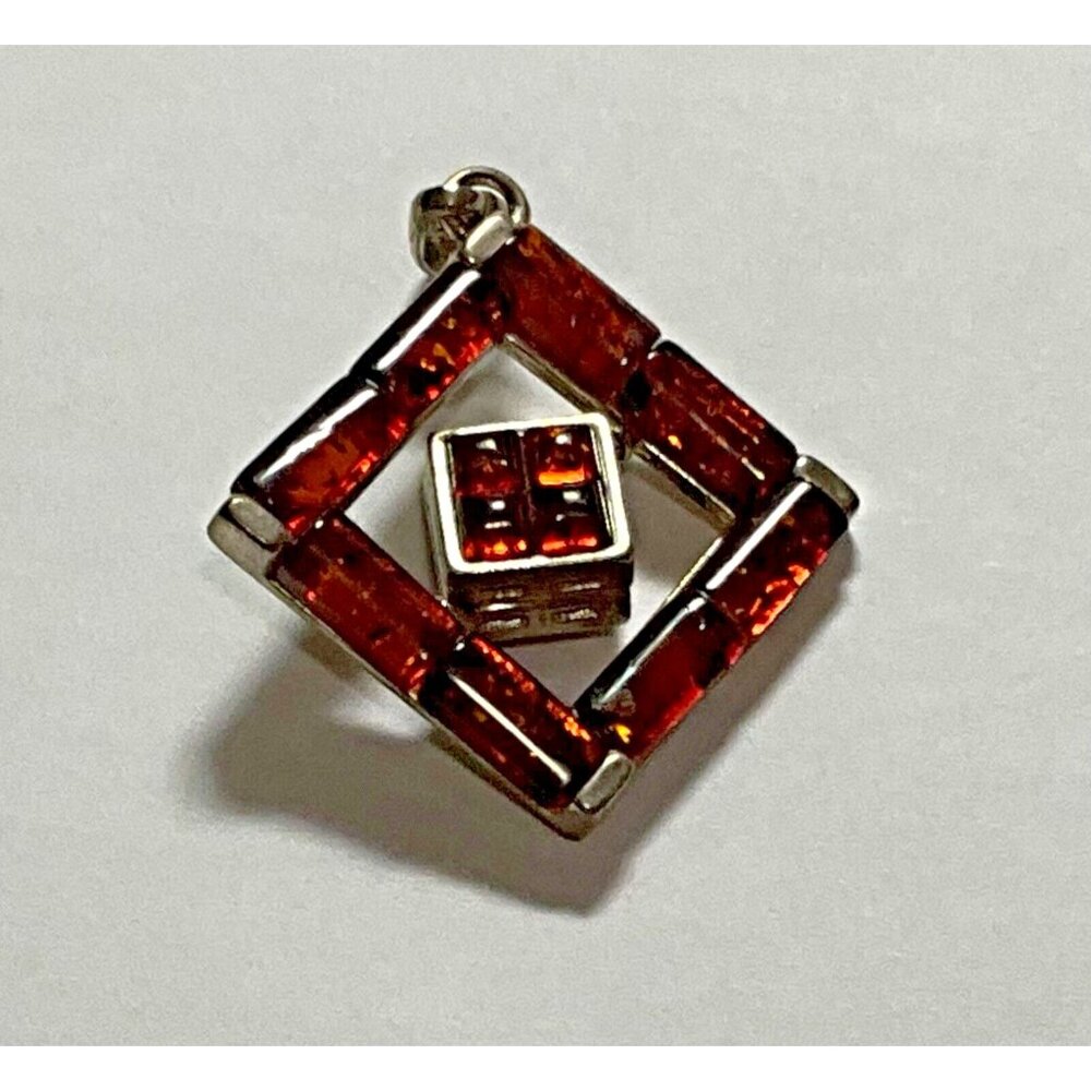 Sterling Silver Amber Pendant Square Spinning Geometric Modernist